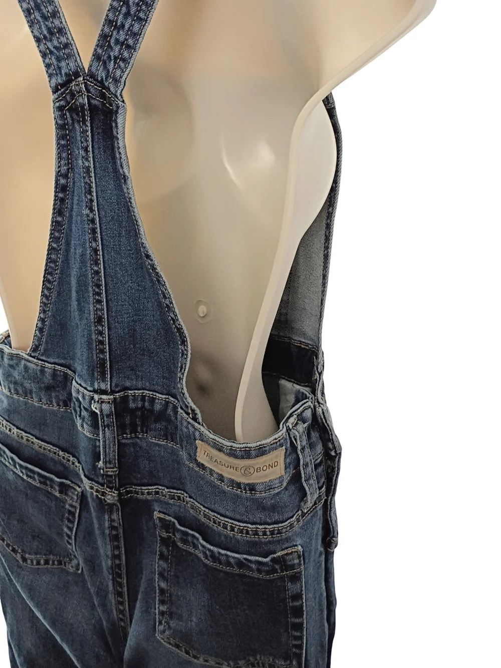 Treasure & Bond Distressed Blue Denim Overalls with Contrast Stitching